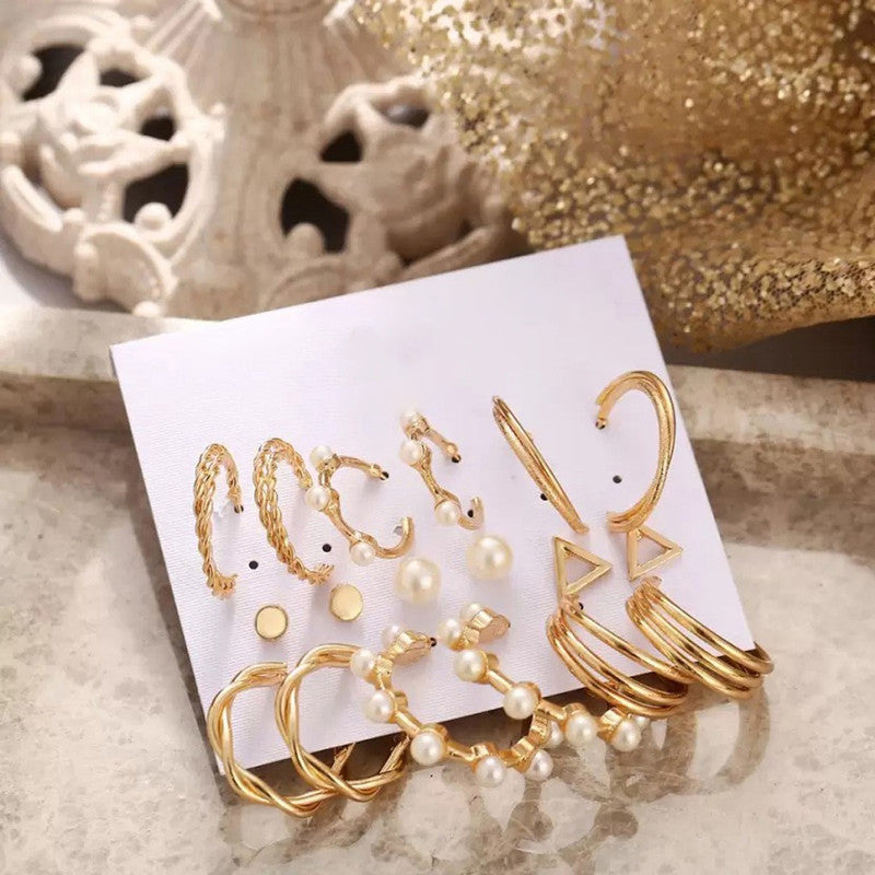 Gold Plated Gold-Toned Contemporary Hoop Earrings Set of 9