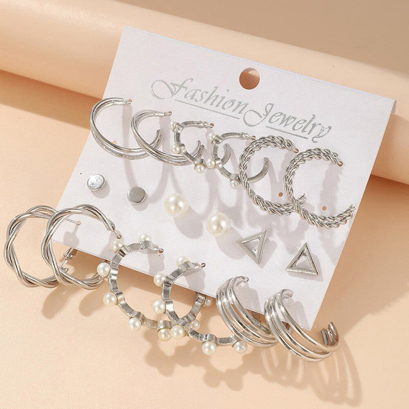 Silver Plated Silver-Toned Contemporary Hoop Earrings Set of 9