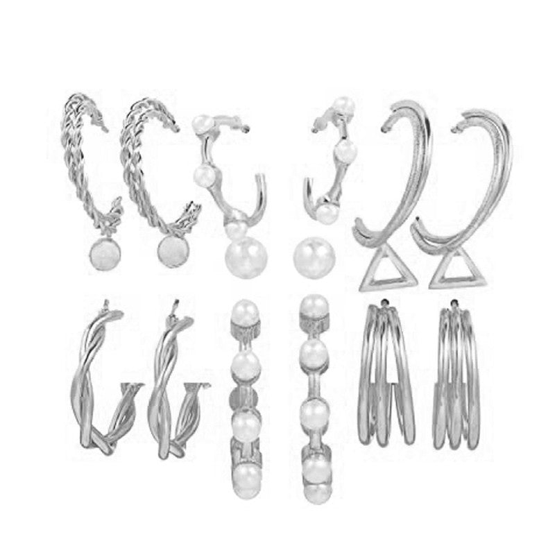 Silver Plated Silver-Toned Contemporary Hoop Earrings Set of 9