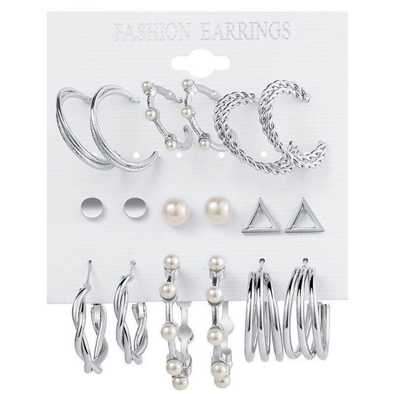 Silver Plated Silver-Toned Contemporary Hoop Earrings Set of 9