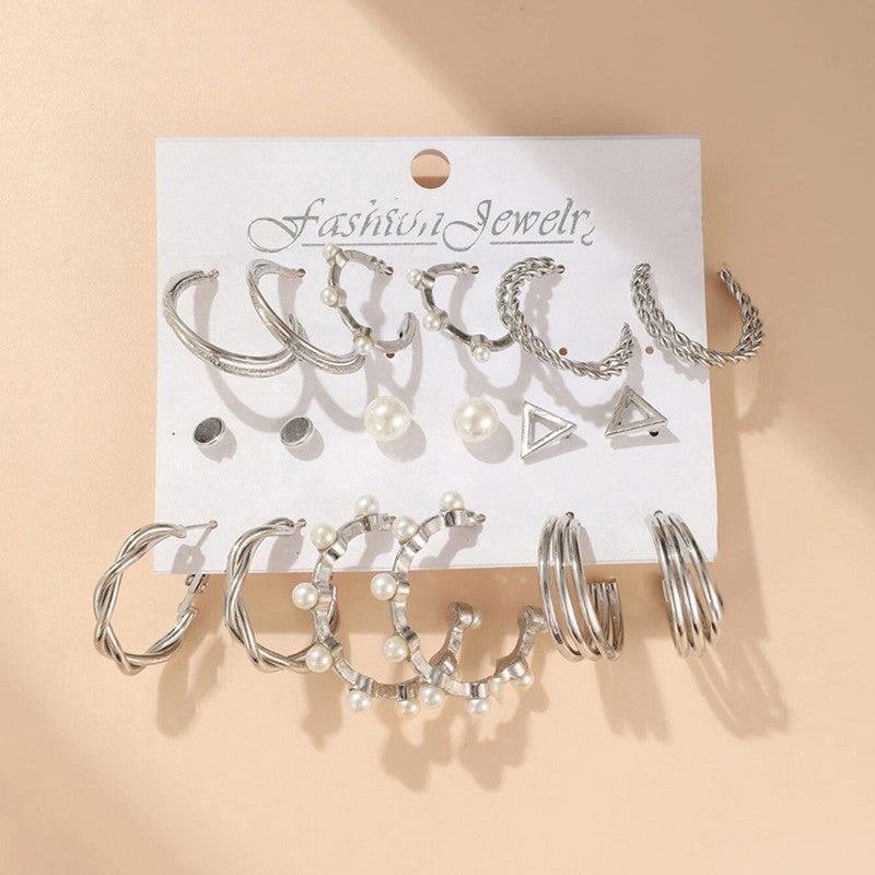 Silver Plated Silver-Toned Contemporary Hoop Earrings Set of 9