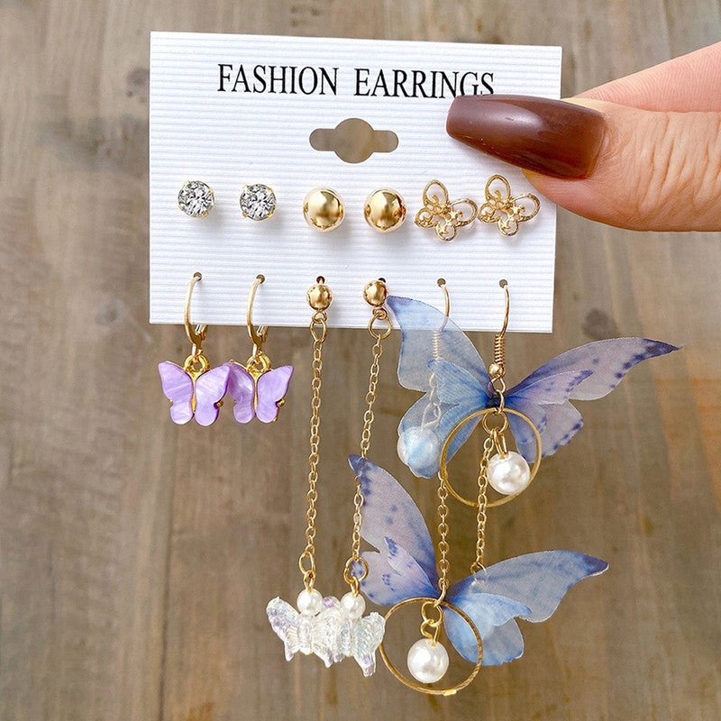 Gold Toned Butterfly Inspired Multicolour Contemporary Earrings Set of 6 For Women