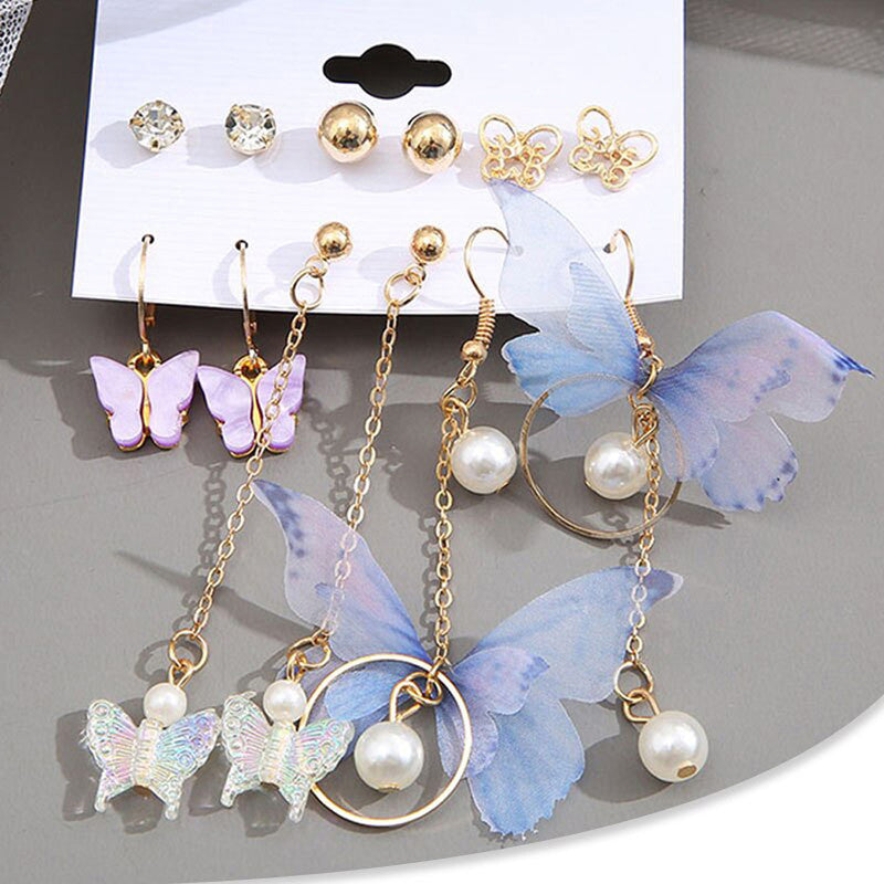 Gold Toned Butterfly Inspired Multicolour Contemporary Earrings Set of 6 For Women