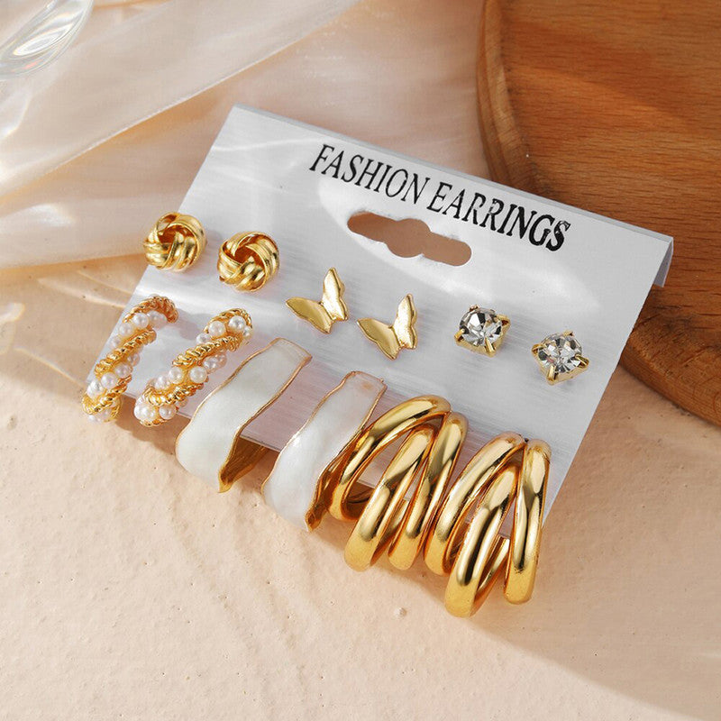 Gold Plated Gold-Toned Studs and Hoop Earrings Set of 6 For Women