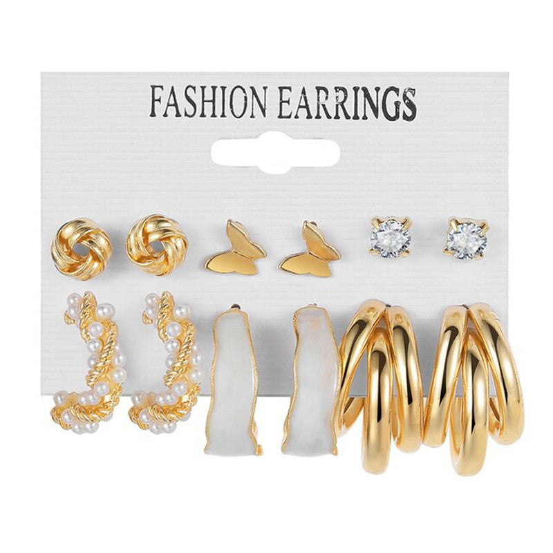 Gold Plated Gold-Toned Studs and Hoop Earrings Set of 6 For Women