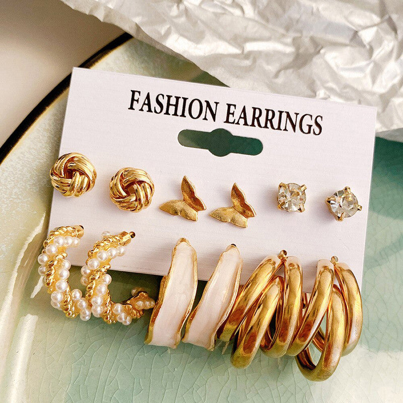 Gold Plated Gold-Toned Studs and Hoop Earrings Set of 6 For Women