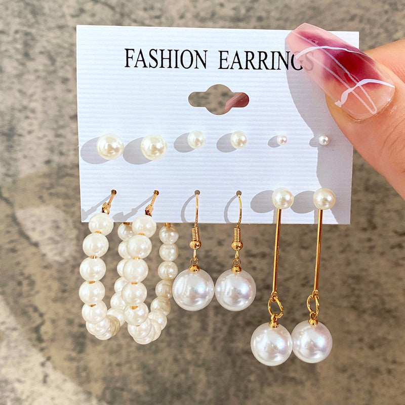 Gold Plated Gold-Toned White Studs, Hoops and Drop Earrings Set of 6 For Women