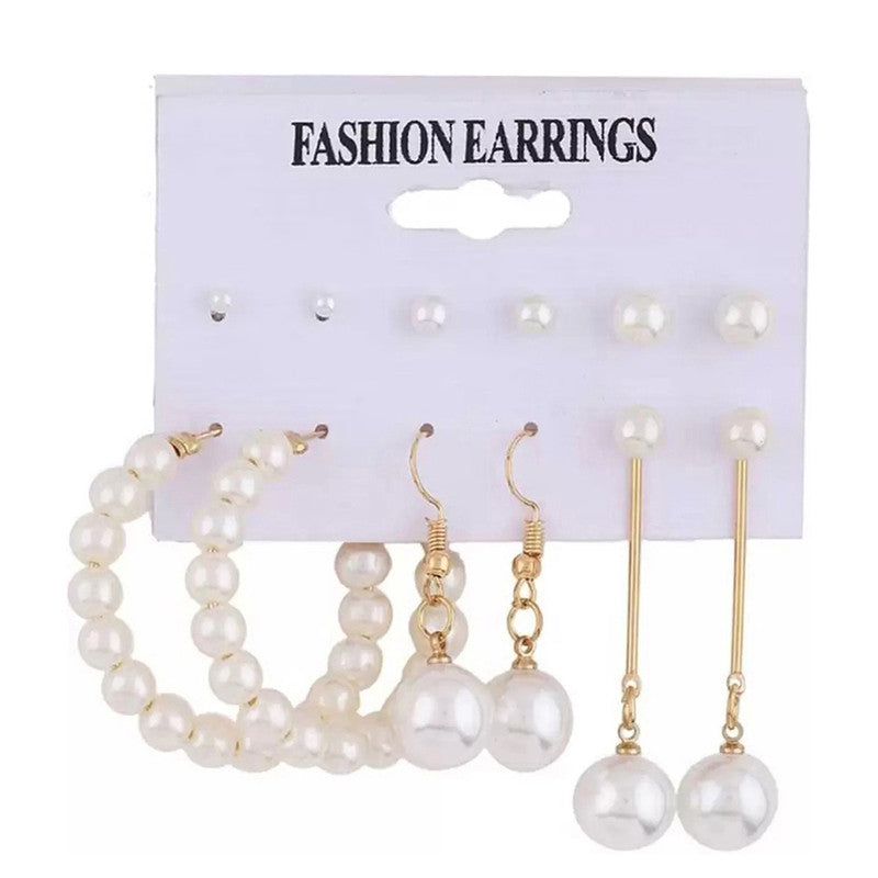 Gold Plated Gold-Toned White Studs, Hoops and Drop Earrings Set of 6 For Women