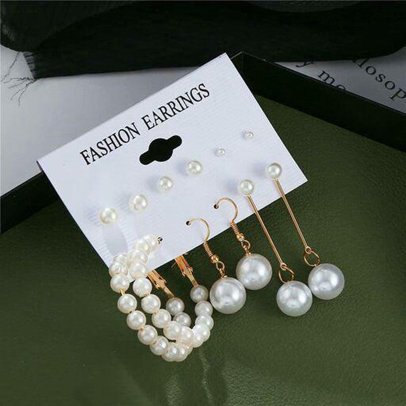 Gold Plated Gold-Toned White Studs, Hoops and Drop Earrings Set of 6 For Women