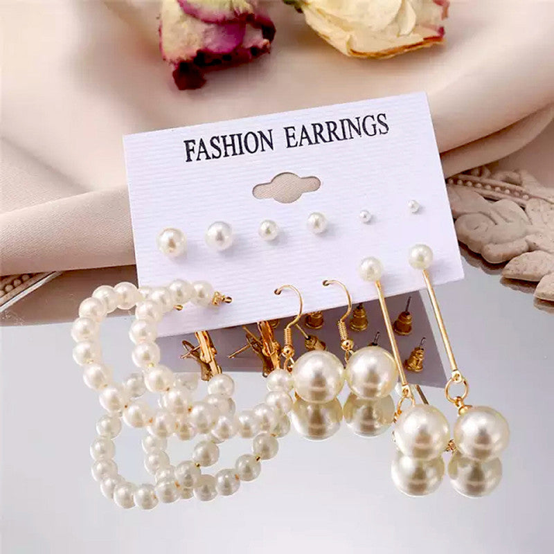 Gold Plated Gold-Toned White Studs, Hoops and Drop Earrings Set of 6 For Women