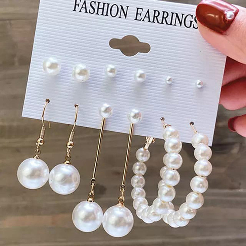 Gold Plated Gold-Toned White Studs, Hoops and Drop Earrings Set of 6 For Women