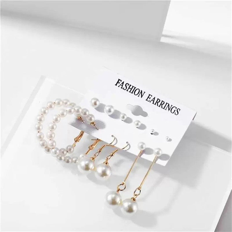 Gold Plated Gold-Toned White Studs, Hoops and Drop Earrings Set of 6 For Women