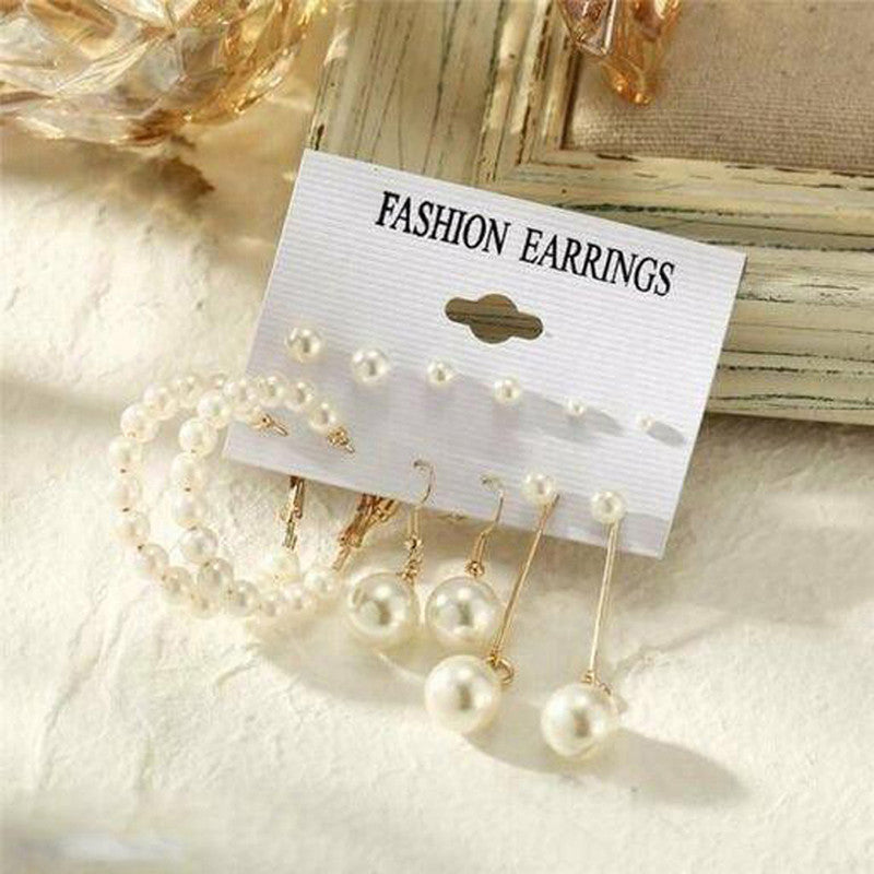 Gold Plated Gold-Toned White Studs, Hoops and Drop Earrings Set of 6 For Women