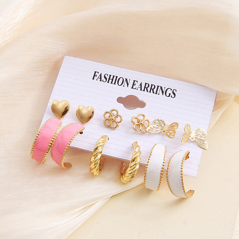 Gold Plated Pink and Gold Studs and Hoop Earrings Set of 6 For Women