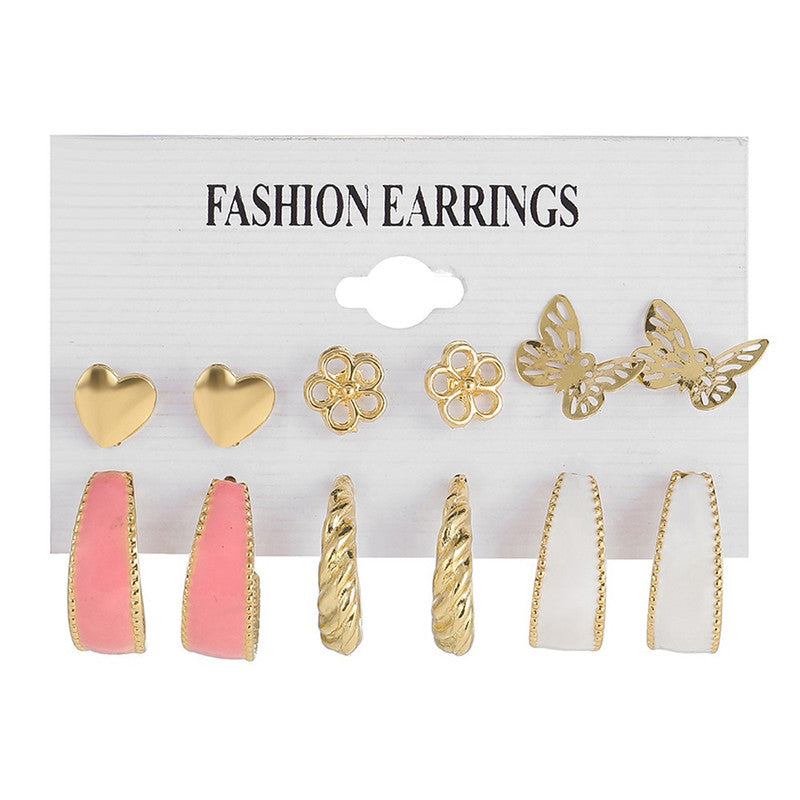 Gold Plated Pink and Gold Studs and Hoop Earrings Set of 6 For Women