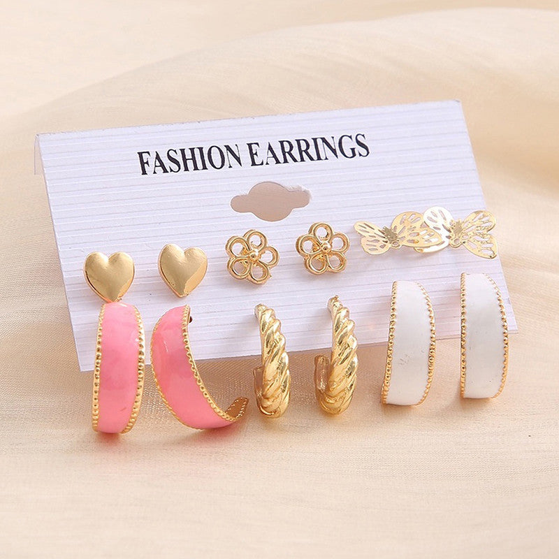 Gold Plated Pink and Gold Studs and Hoop Earrings Set of 6 For Women