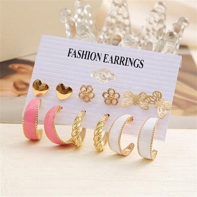 Gold Plated Pink and Gold Studs and Hoop Earrings Set of 6 For Women