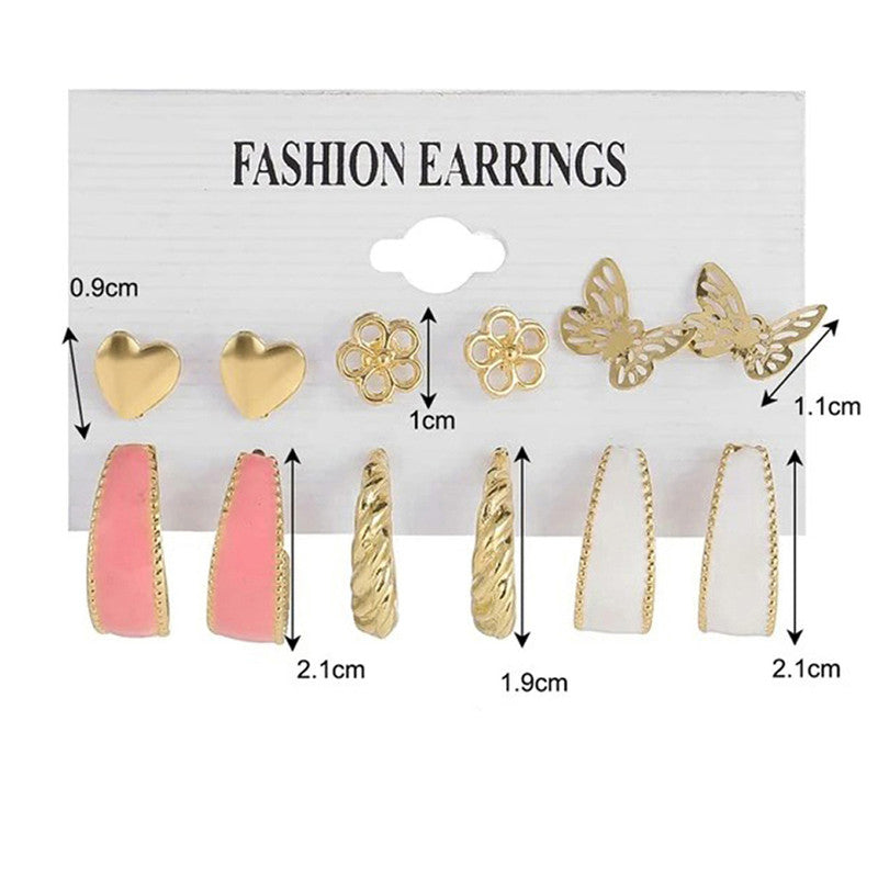 Gold Plated Pink and Gold Studs and Hoop Earrings Set of 6 For Women