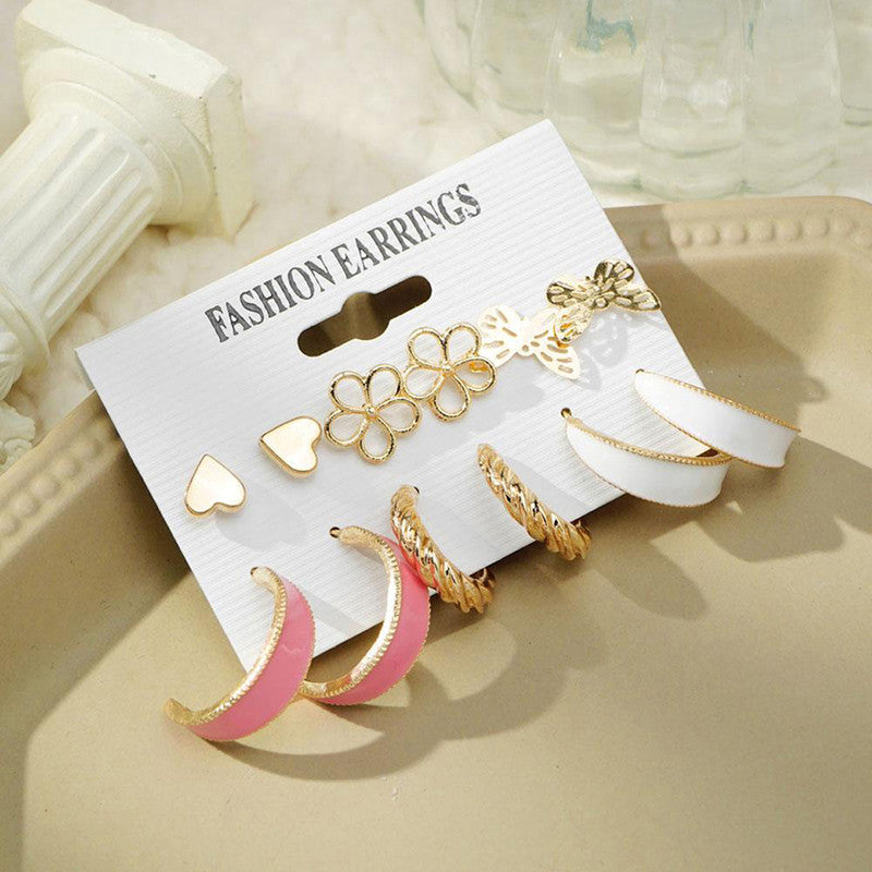 Gold Plated Pink and Gold Studs and Hoop Earrings Set of 6 For Women