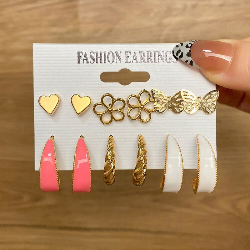 Gold Plated Pink and Gold Studs and Hoop Earrings Set of 6 For Women