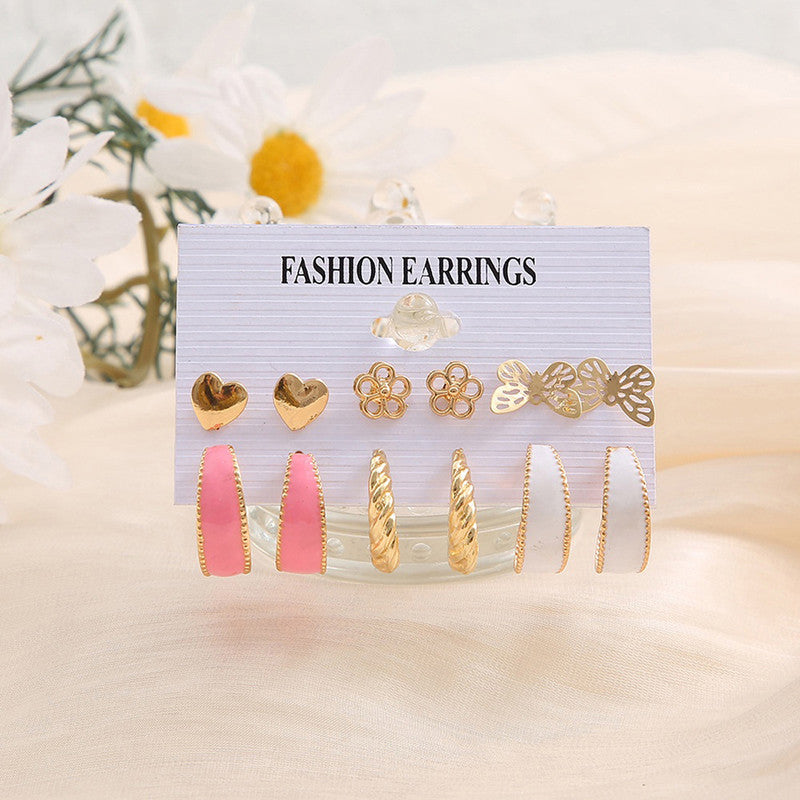 Gold Plated Pink and Gold Studs and Hoop Earrings Set of 6 For Women