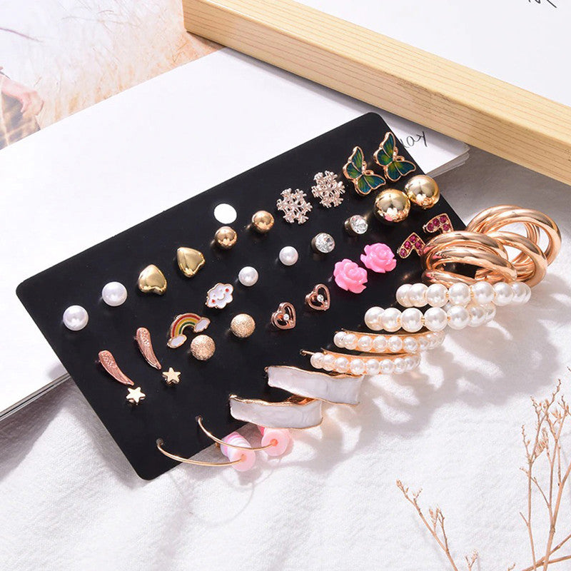 Multi-coloured Gold Plated Contemporary Studs and Hoop Earrings Set of 20 For Women