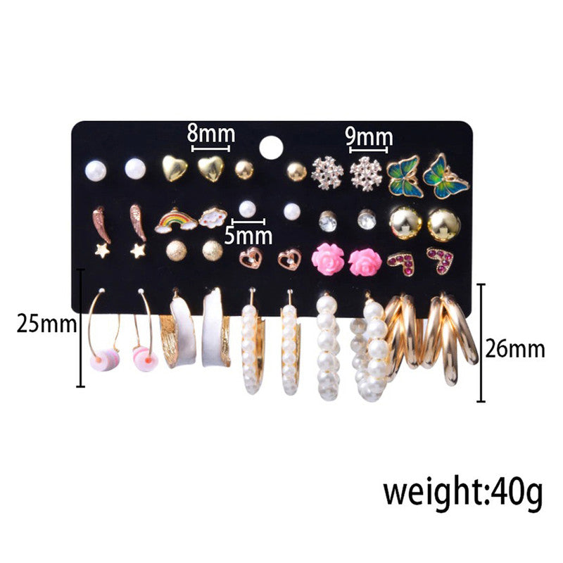 Multi-coloured Gold Plated Contemporary Studs and Hoop Earrings Set of 20 For Women