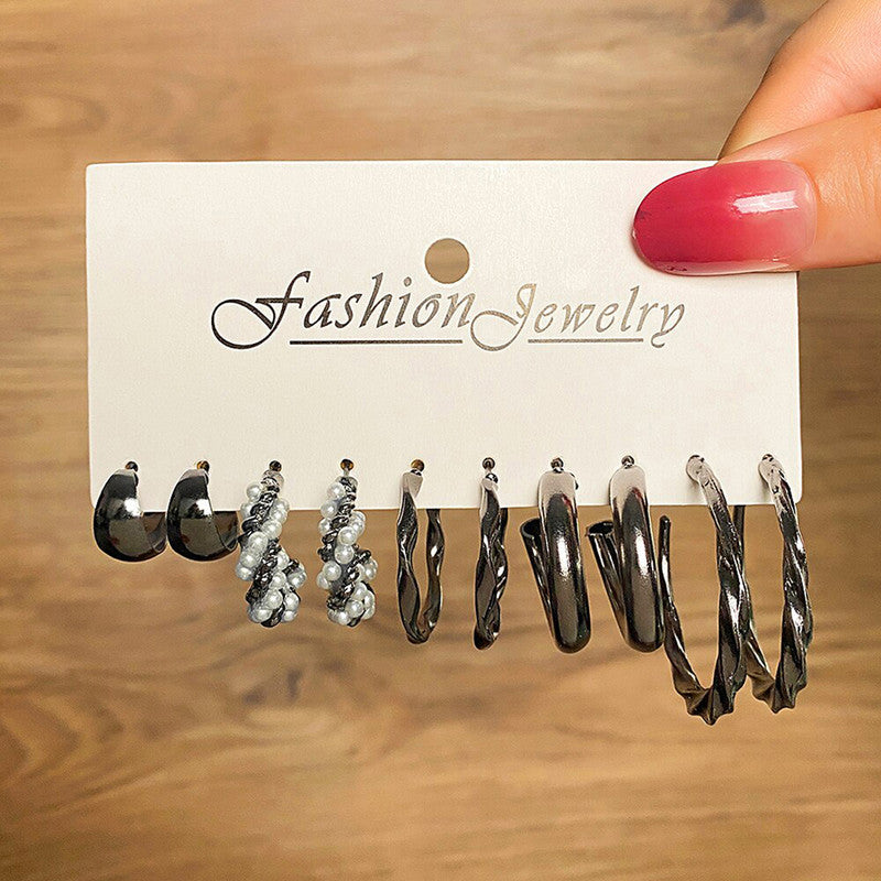 Black Silver Plated Black-Toned Contemporary Hoop Earrings Set of 5 For Women