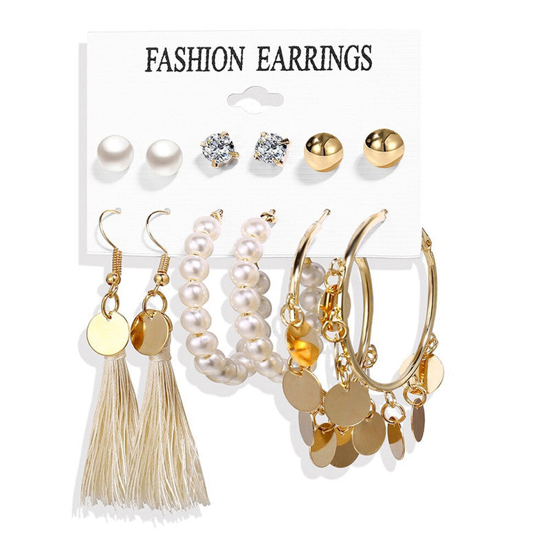 Gold Plated White Studs, Hoops and Drop Earrings Set of 6 For Women