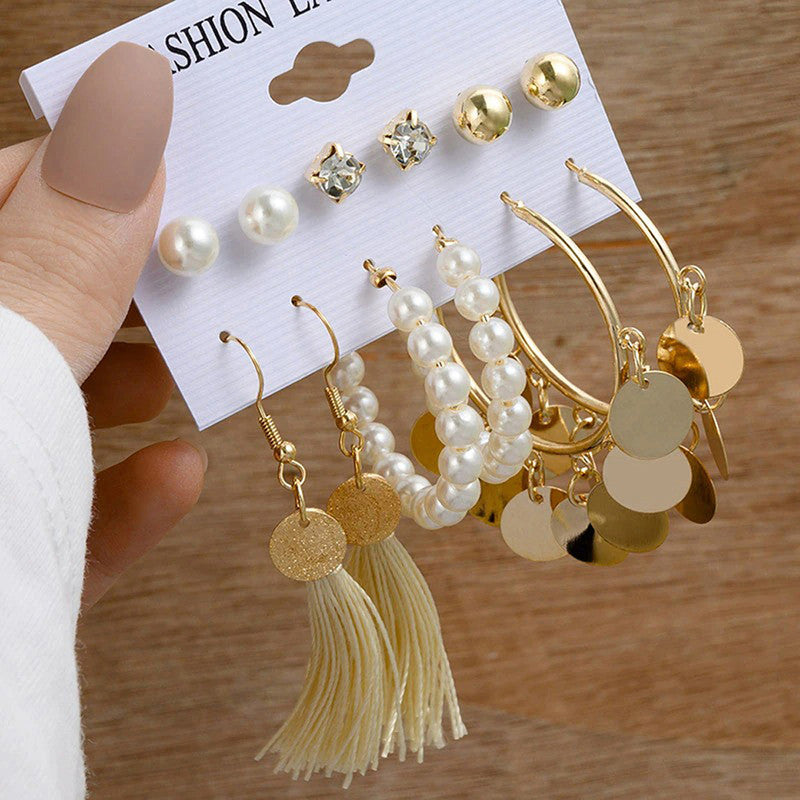 Gold Plated White Studs, Hoops and Drop Earrings Set of 6 For Women