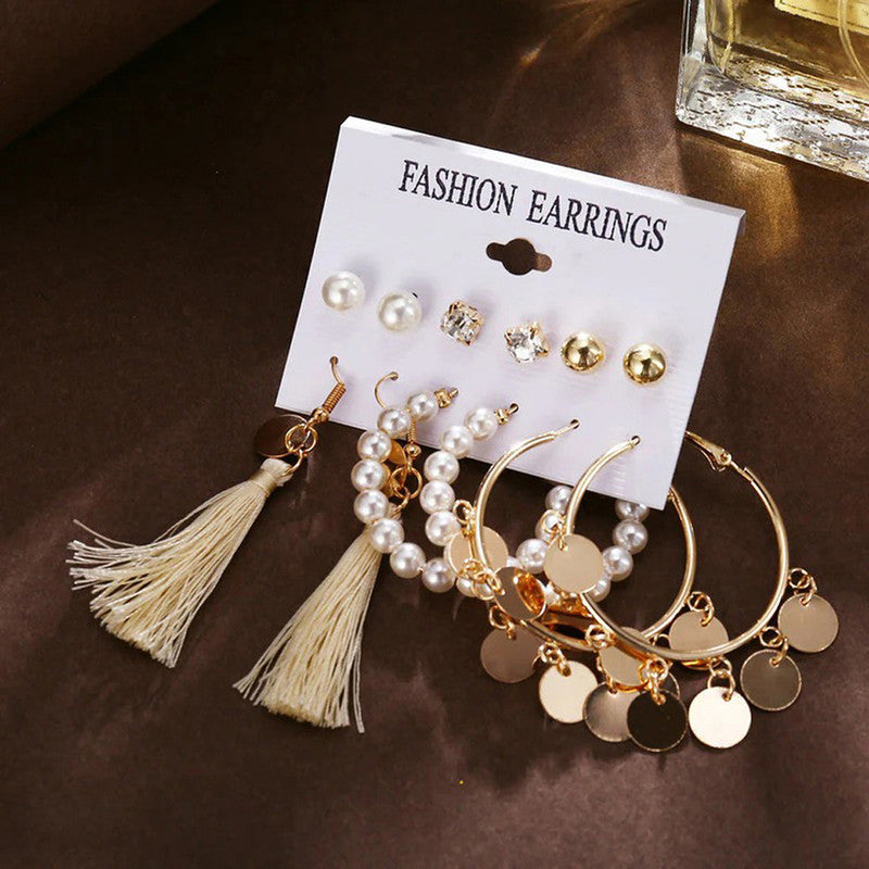 Gold Plated White Studs, Hoops and Drop Earrings Set of 6 For Women