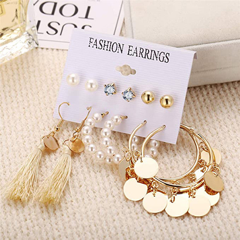 Gold Plated White Studs, Hoops and Drop Earrings Set of 6 For Women