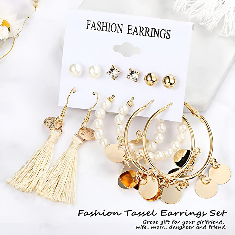 Gold Plated White Studs, Hoops and Drop Earrings Set of 6 For Women