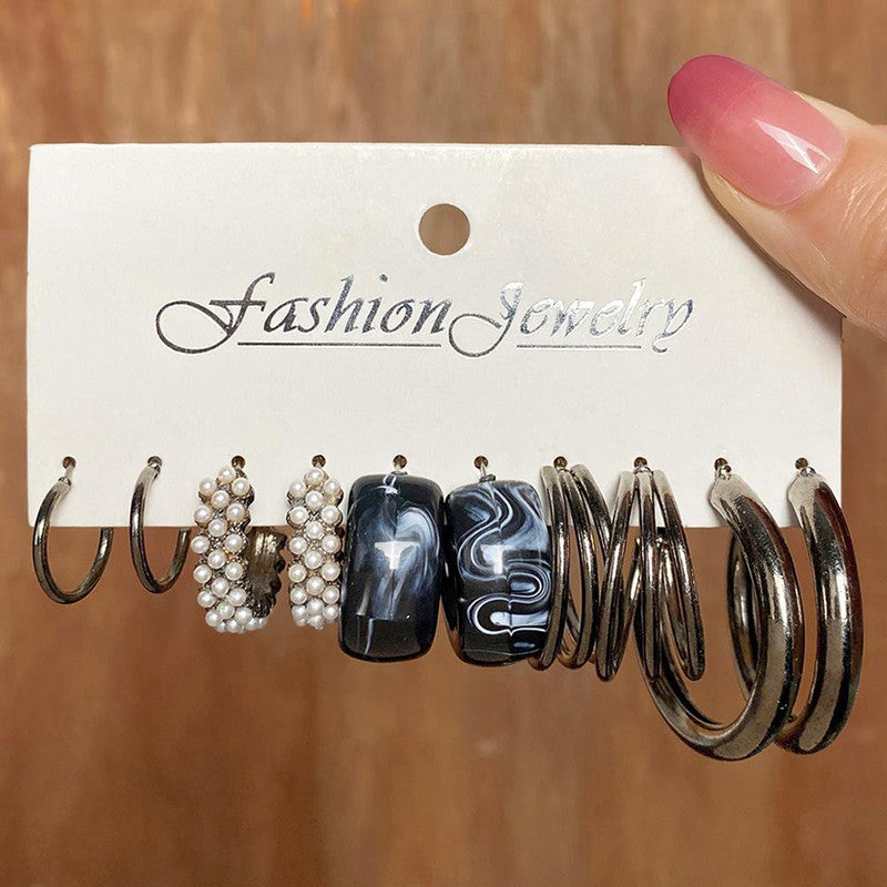 Black Silver Plated Black-Toned Contemporary Hoop Earrings Set of 5 For Women