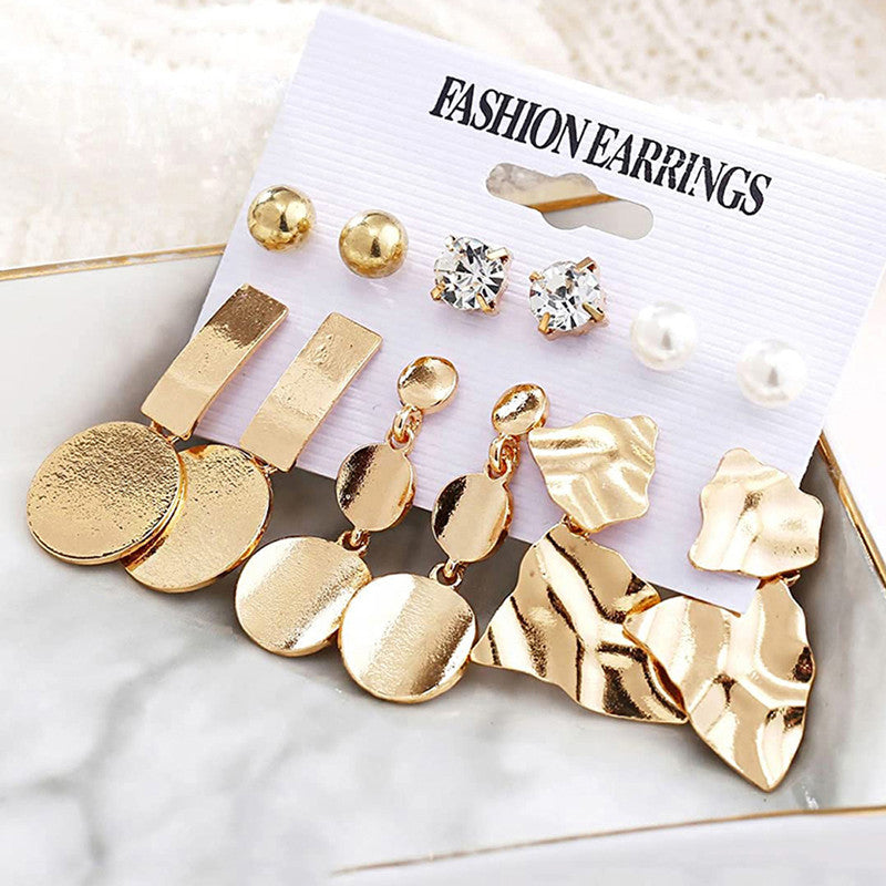 Gold Plated White Studs and Drop Earrings Set of 6 For Women