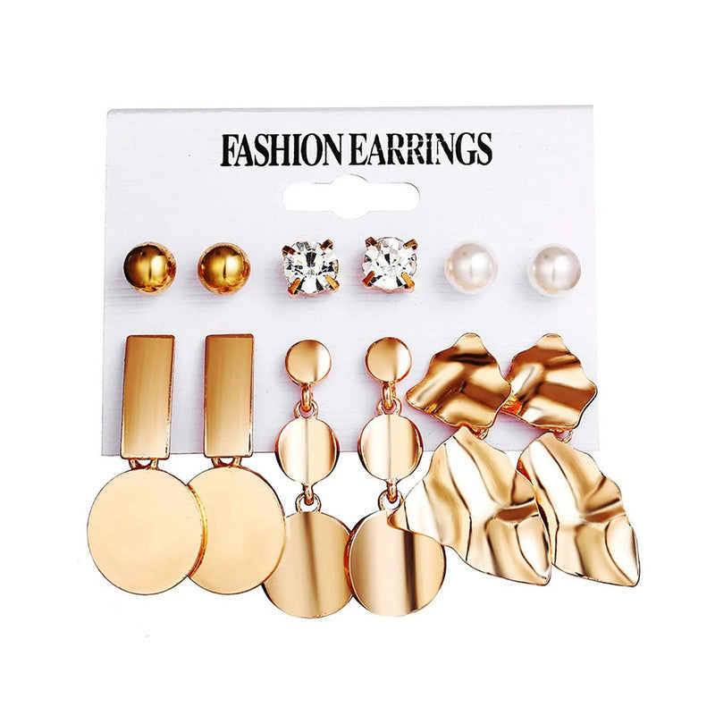 Gold Plated White Studs and Drop Earrings Set of 6 For Women