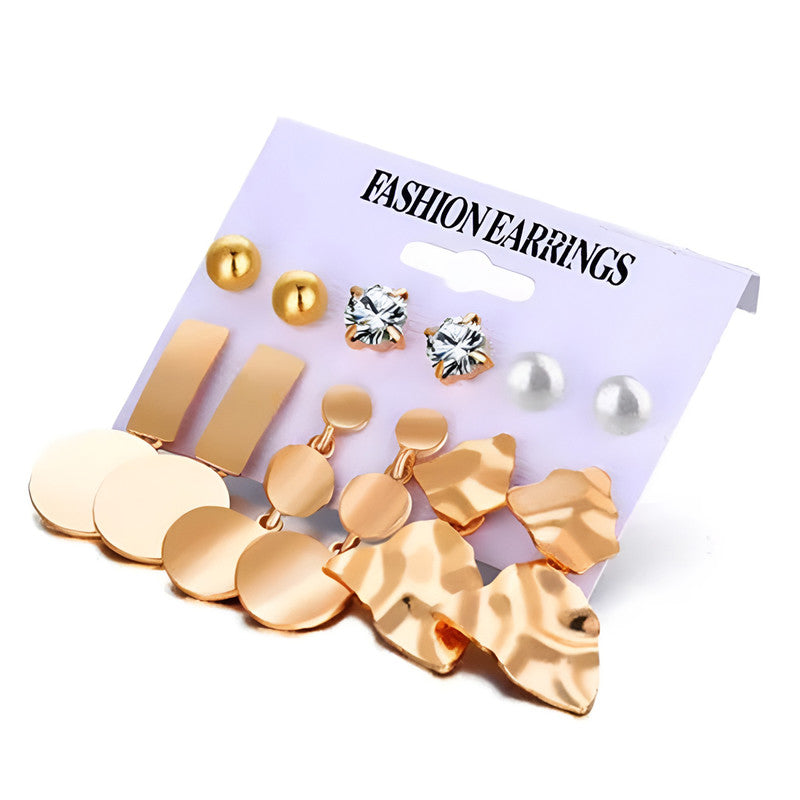 Gold Plated White Studs and Drop Earrings Set of 6 For Women