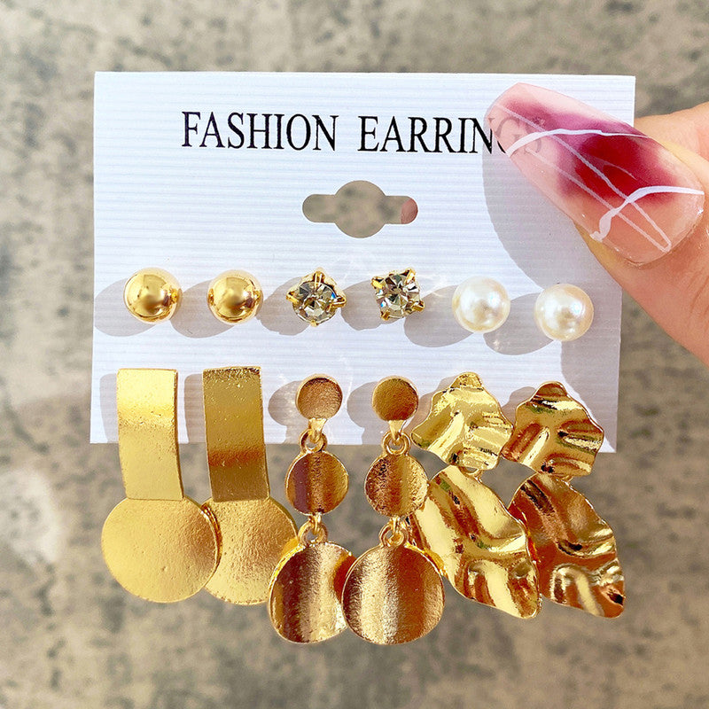 Gold Plated White Studs and Drop Earrings Set of 6 For Women