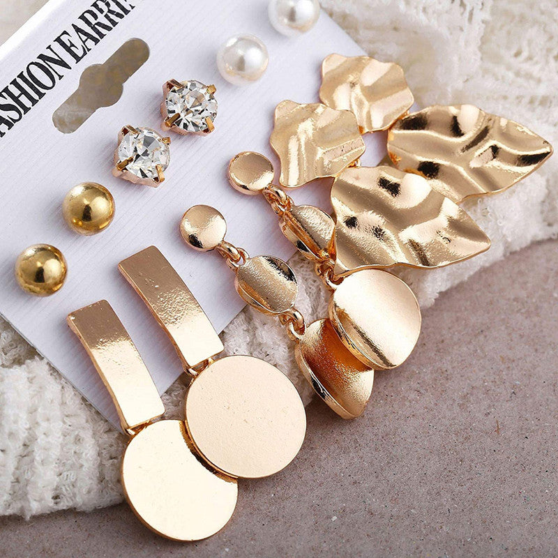 Gold Plated White Studs and Drop Earrings Set of 6 For Women