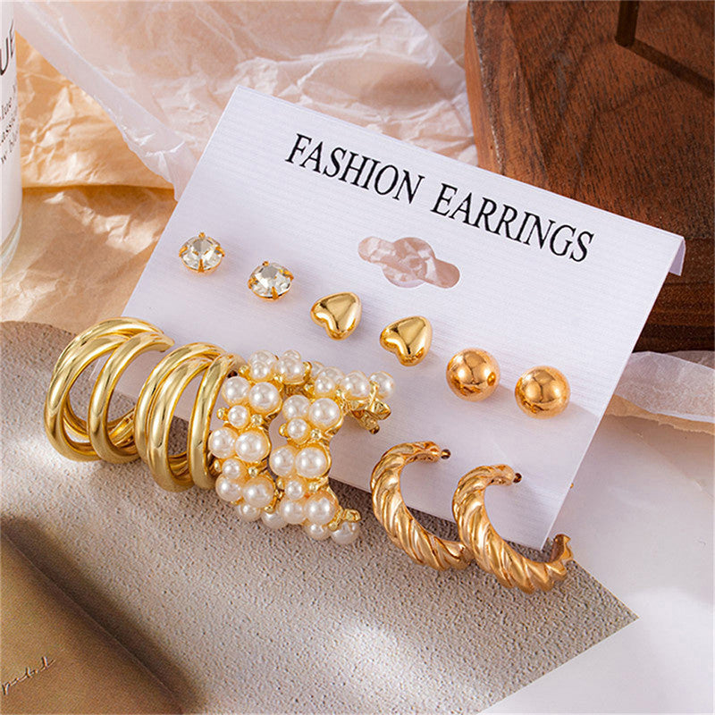 Gold Plated Contemporary Studs and Hoop Earrings Set of 6 For Women