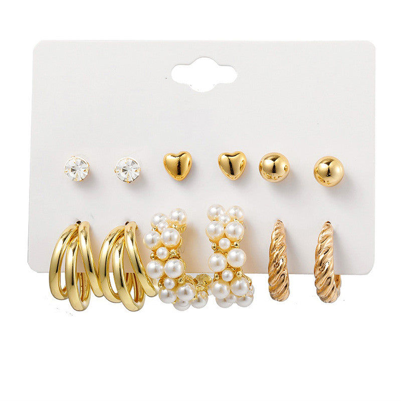 Gold Plated Contemporary Studs and Hoop Earrings Set of 6 For Women