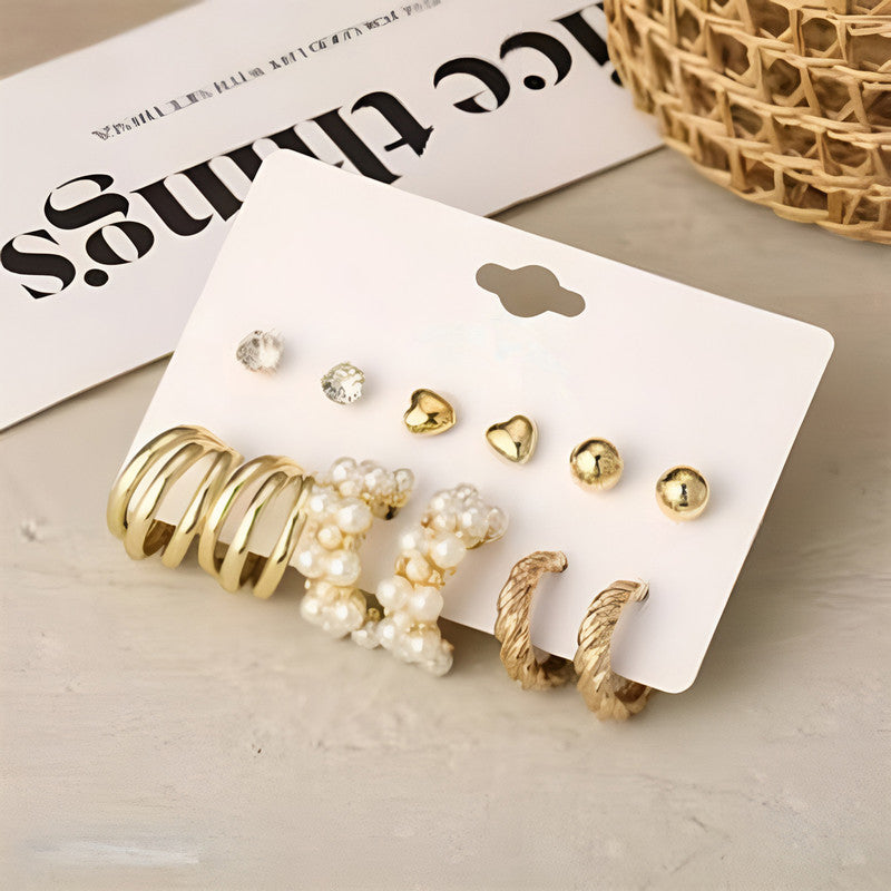 Gold Plated Contemporary Studs and Hoop Earrings Set of 6 For Women