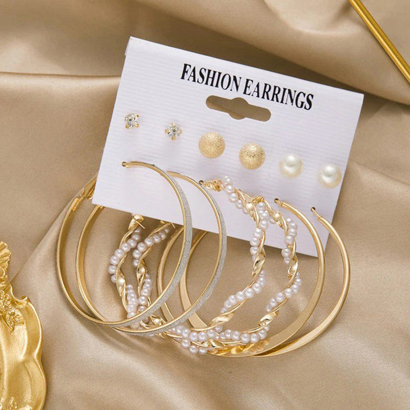 Gold Plated Contemporary Studs and Hoop Earrings Set of 6 For Women