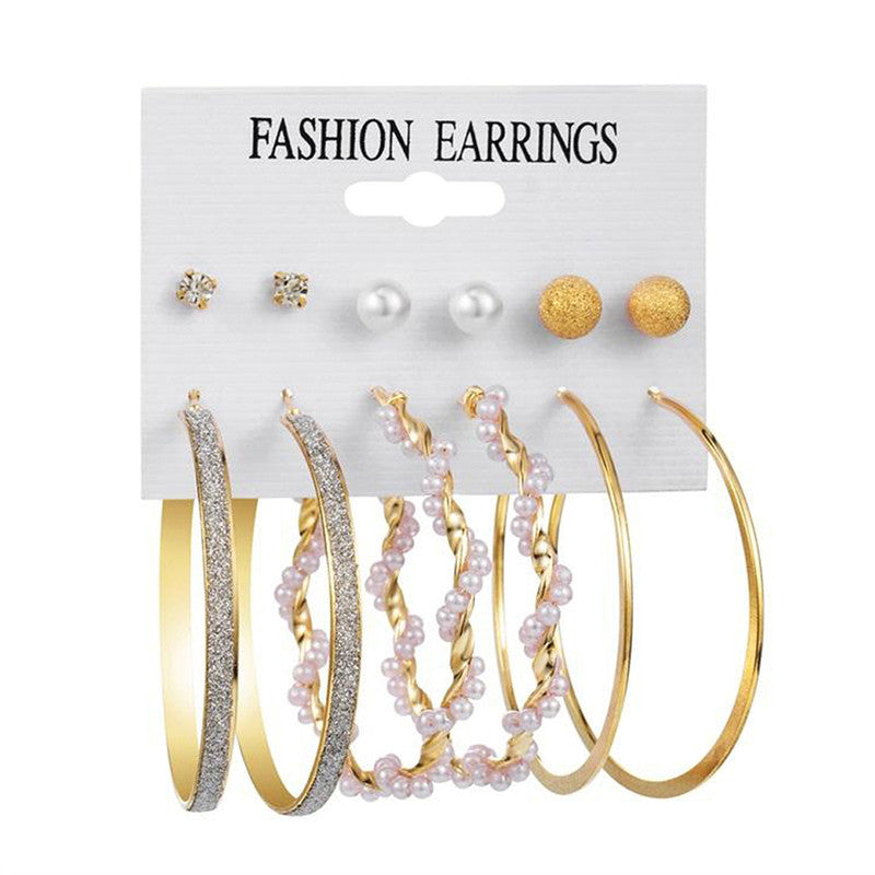 Gold Plated Contemporary Studs and Hoop Earrings Set of 6 For Women