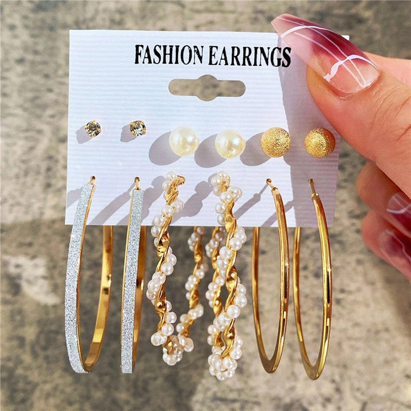 Gold Plated Contemporary Studs and Hoop Earrings Set of 6 For Women