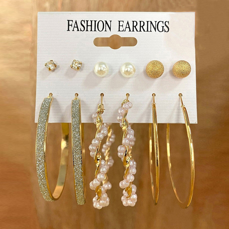 Gold Plated Contemporary Studs and Hoop Earrings Set of 6 For Women