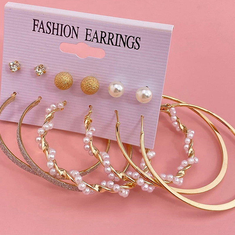 Gold Plated Contemporary Studs and Hoop Earrings Set of 6 For Women