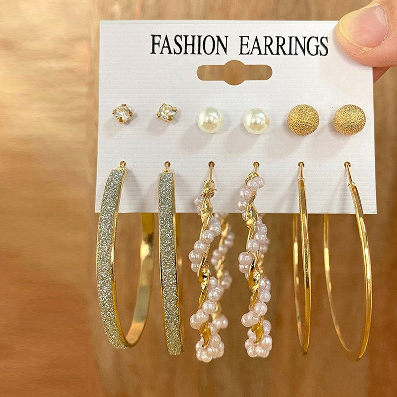 Gold Plated Contemporary Studs and Hoop Earrings Set of 6 For Women