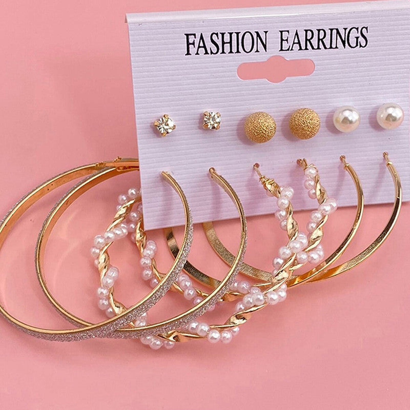 Gold Plated Contemporary Studs and Hoop Earrings Set of 6 For Women