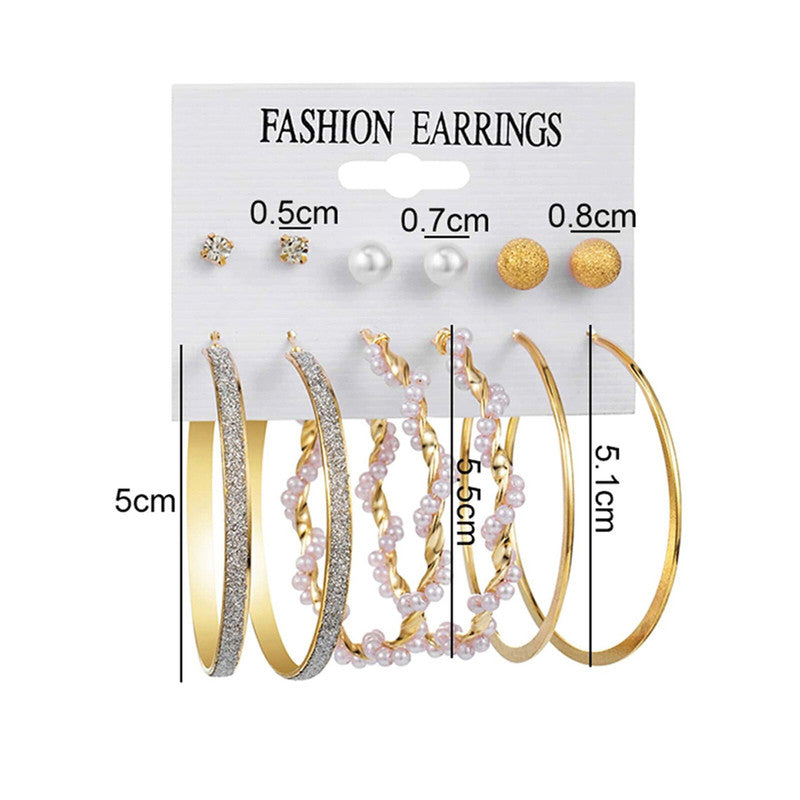 Gold Plated Contemporary Studs and Hoop Earrings Set of 6 For Women